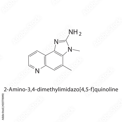 2-Amino-3,4- dimethylimidazo[4,5-f]- quinoline skeletal structure.Imidazoquinoline derivative compound schematic illustration. Simple diagram, chemical structure.