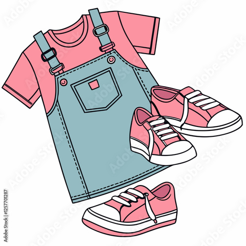 Adorable Girl's Outfit: Pink Shirt, Denim Overalls, and Sneakers