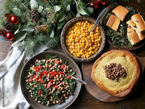 Southern New Year's Day Feast of Hoppin' John, Greens, and Cornbread photo