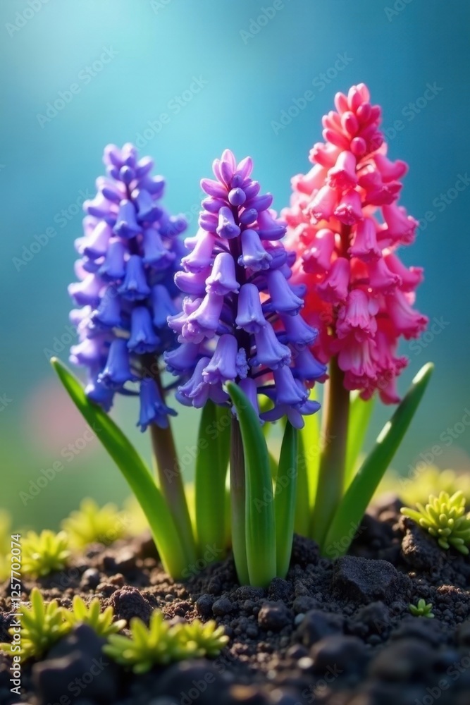 Fototapeta premium A cluster of hyacinths and crocuses emerge, showcasing their vivid colors on a tranquil blue , spring, field
