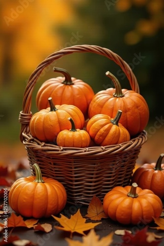 Wallpaper Mural Abundant pumpkins & gourds overflowing from a woven basket, surrounded by vibrant fall leaves , red, colorful Torontodigital.ca