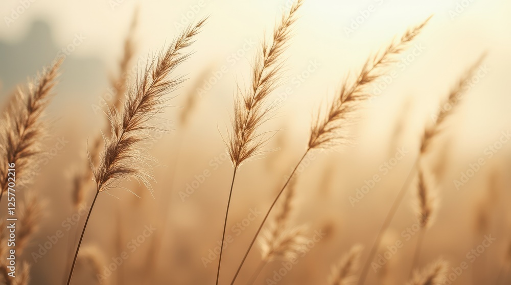 Fototapeta premium Sunlight Illuminating Golden Grass Blades in a Tranquil Meadow at Dawn