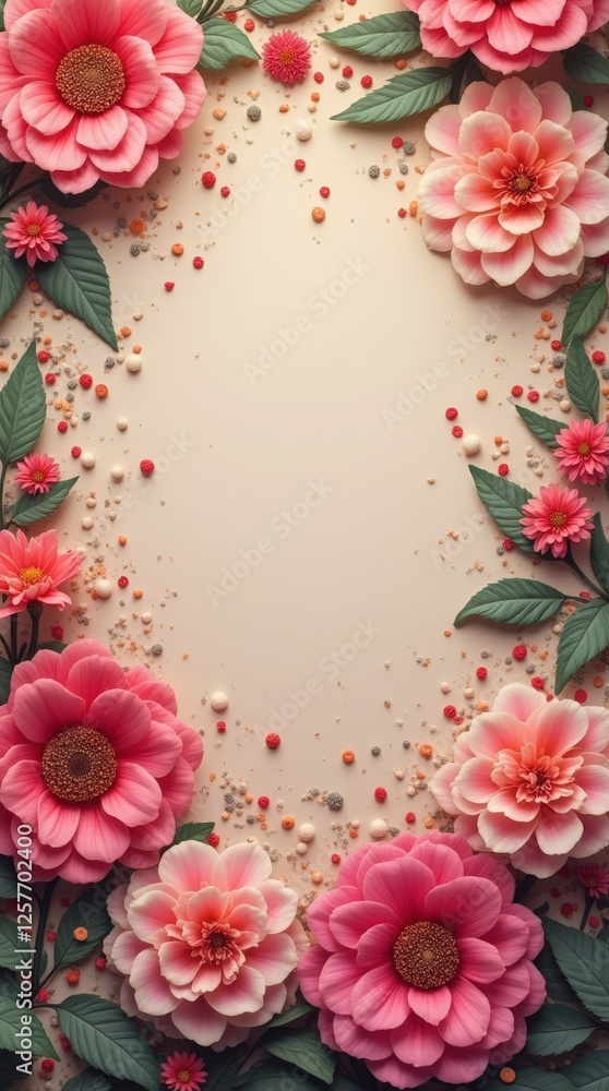 Floral Arrangement With Pink Flowers and Decorative Elements on a Neutral Background Floral Arrangement With Pink Flowers and Decorative Elements on a Neutral Background