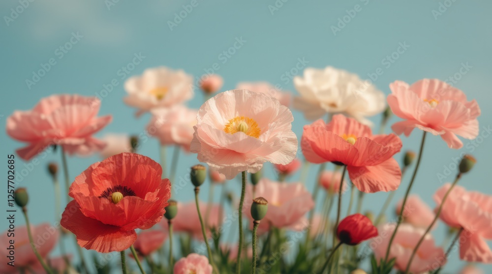 Obraz premium Beautiful Blooming Poppy Flowers in a Colorful Garden Under a Clear Blue Sky