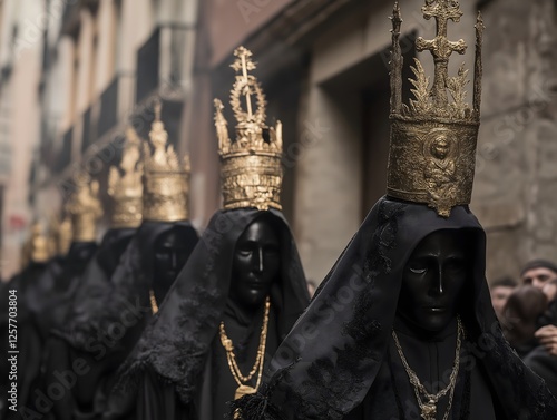 Procession of penitents in traditional black robes and golden crowns. photo