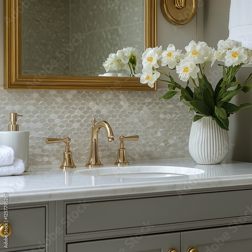 Elegant bathroom design featuring golden fixtures and fresh flowers in a modern setting. Generative AI