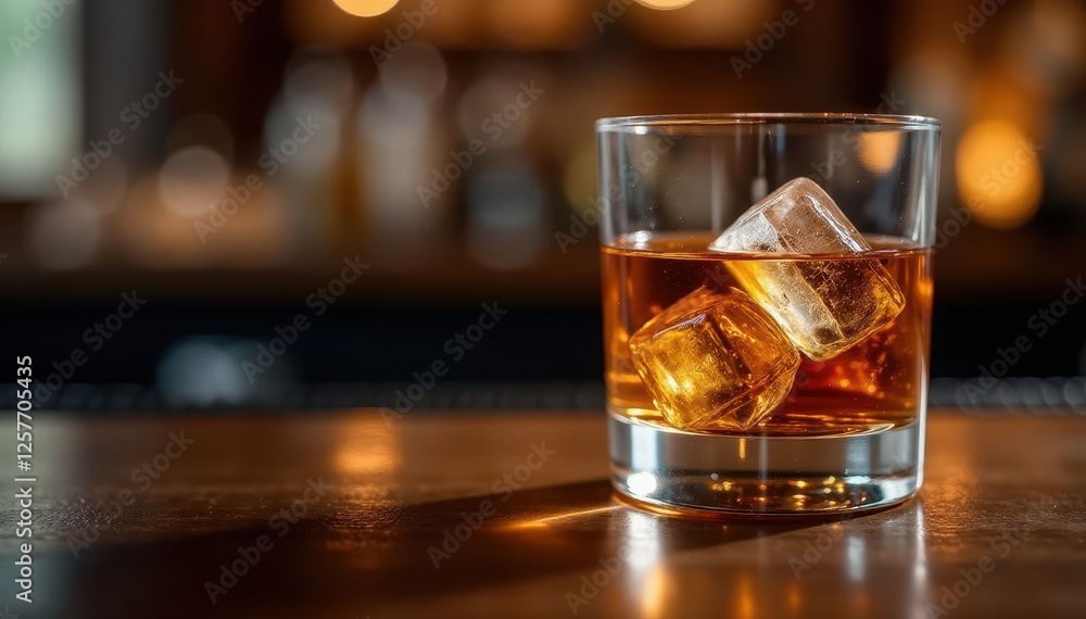 Whiskey glass on wooden bar counter with ice cubes, glass, drink Whiskey glass on wooden bar counter with ice cubes, glass, drink