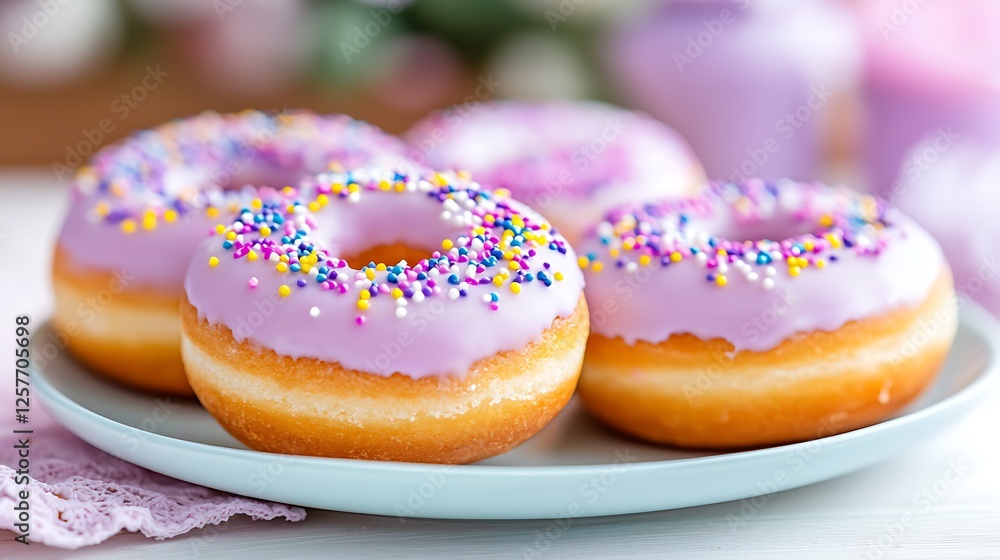 Close Up Of Colorful Glazed Donuts On Plate Close Up Of Colorful Glazed Donuts On Plate