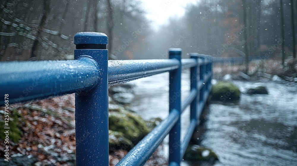 Blue metal fence along a winter stream Blue metal fence along a winter stream