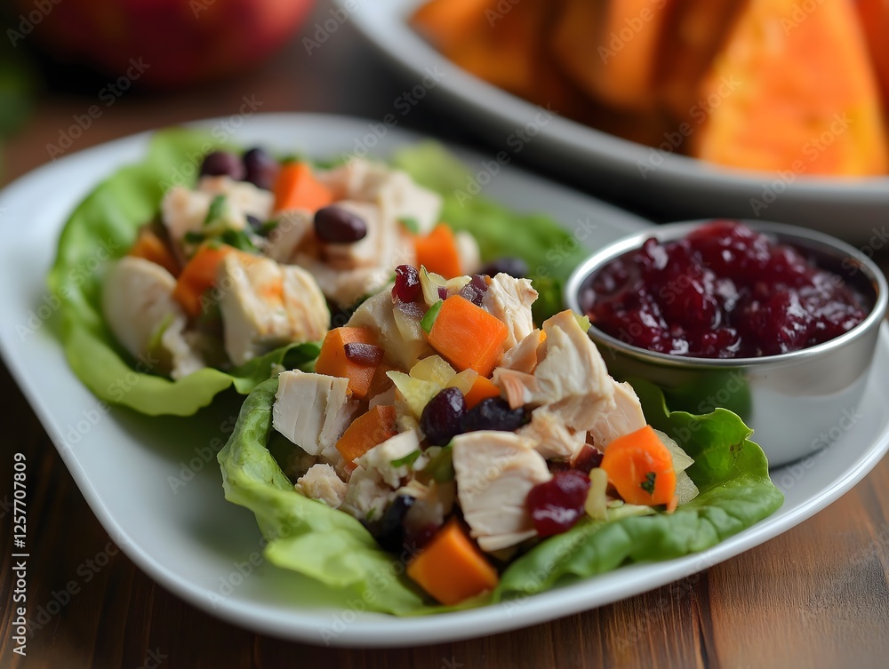 Healthy chicken salad lettuce wraps with cranberry sauce and sweet potatoes Healthy chicken salad lettuce wraps with cranberry sauce and sweet potatoes