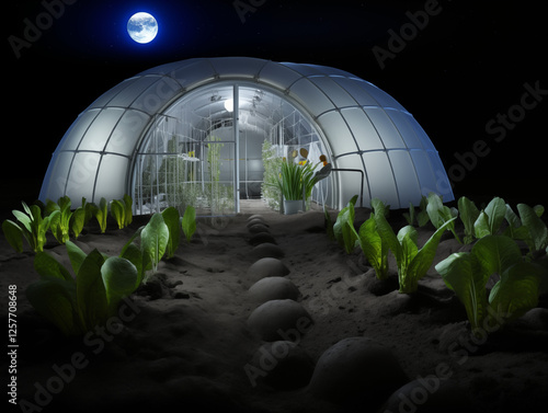A lunar farming colony on the Moon, with astronauts tending to crops inside protective greenhouses, using AI-powered hydroponic systems under artificial sunlight, with Earth visible in the distance.