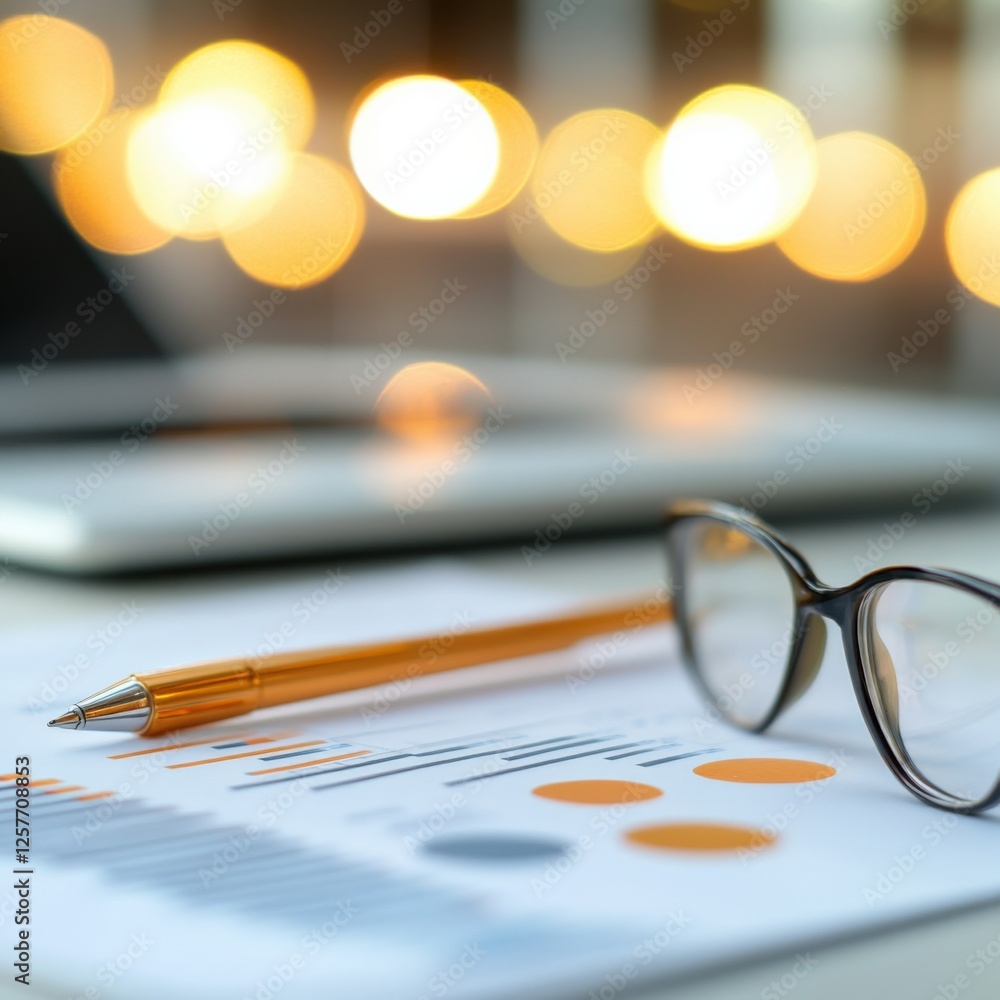 Fototapeta premium Financial Analysis with Pen, Glasses, and Bokeh Lights