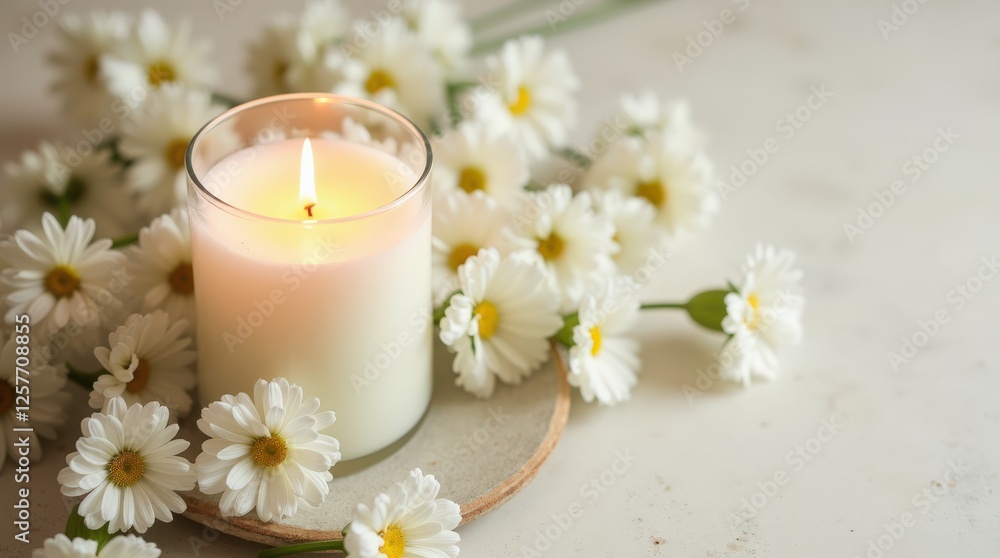 White Flowers and a Lit Candle Create a Serene Ambiance on a Calming Surface White Flowers and a Lit Candle Create a Serene Ambiance on a Calming Surface