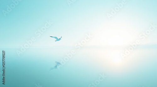 Serene Seascape: A Lone Seagull Soaring Over Tranquil Waters at Dawn