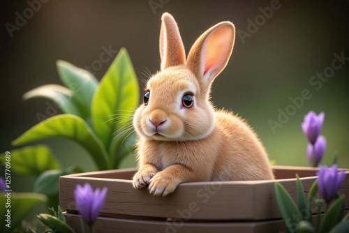 young rabbit in rustic wooden crate golden brown fur green env photo