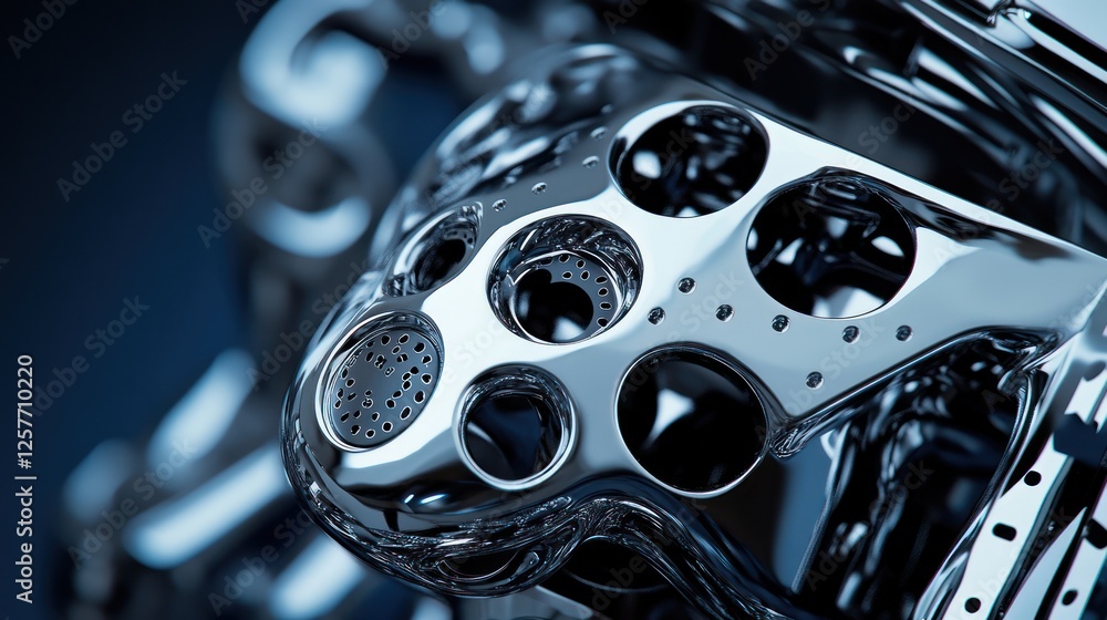Close-up of the main android head, with an engine and numerous holes in it, against a chrome metal background in a dark blue color. Close-up of the main android head, with an engine and numerous holes in it, against a chrome metal background in a dark blue color.