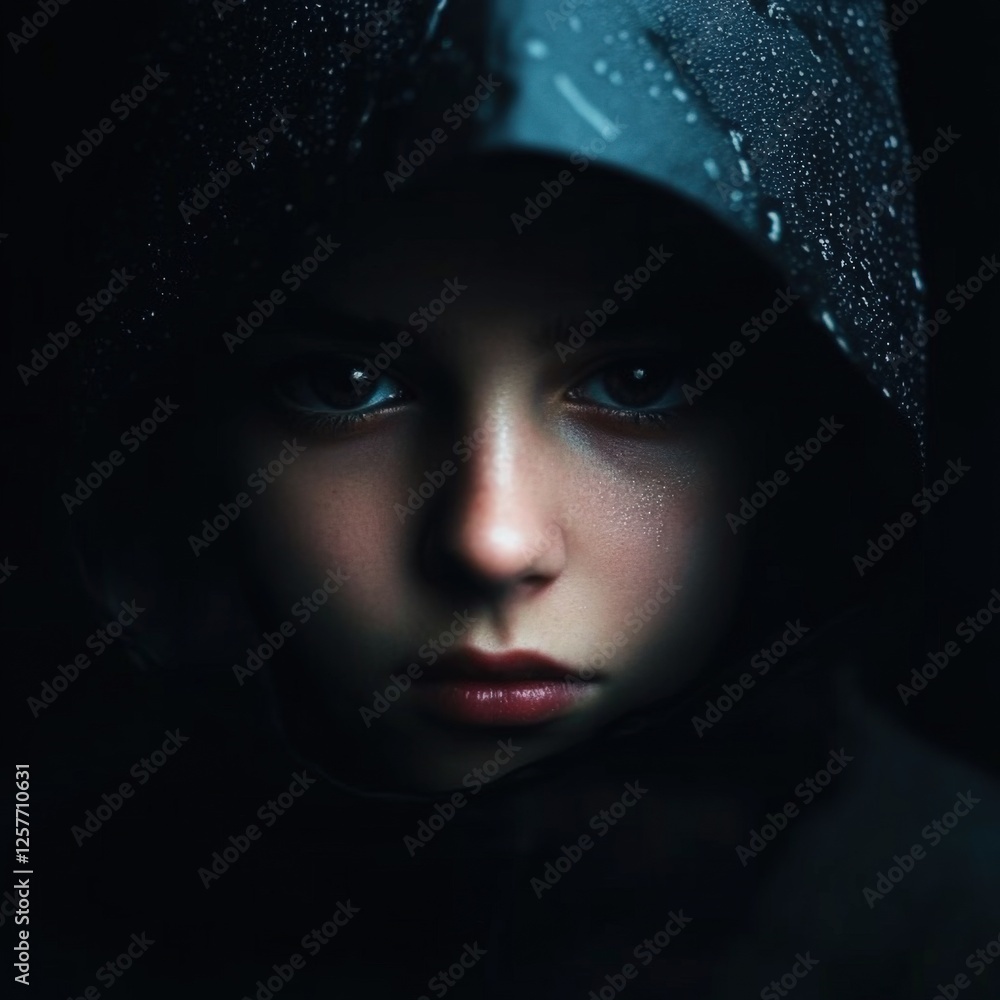 Fototapeta premium portrait of child with hood in the shadows