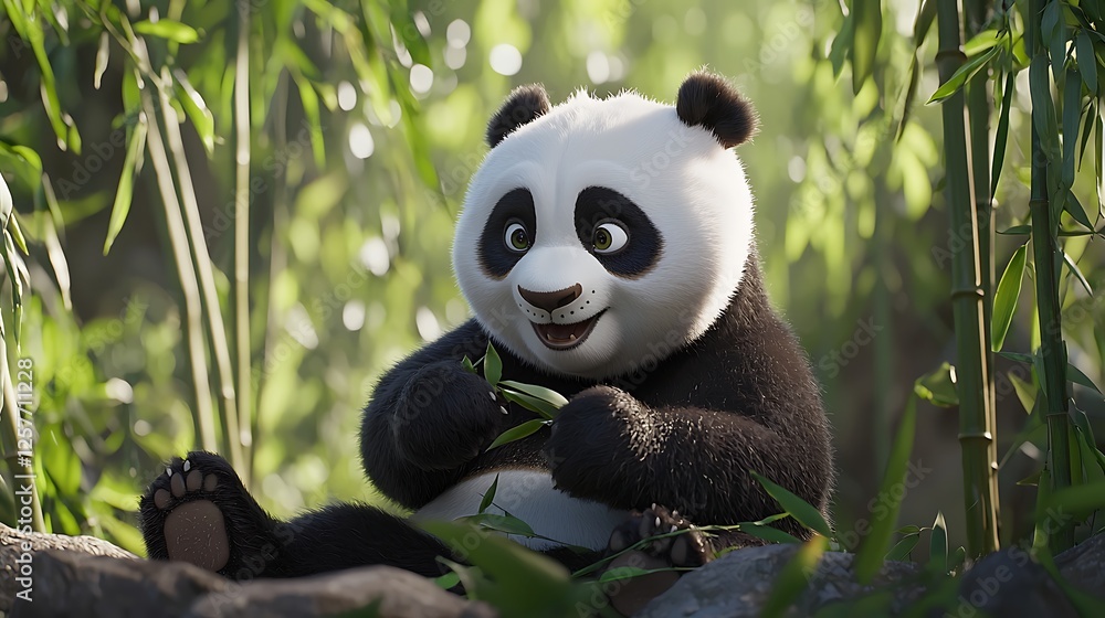 Obraz premium Cartoon panda cub eating bamboo in a bamboo forest. Possible use Children's book illustration, educational material, or background for a presentation