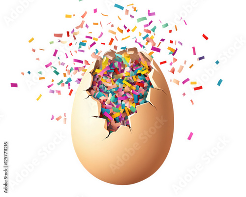 cracked Easter egg bursts open with colorful confetti spilling out, creating festive and joyful scene. This vibrant image captures excitement of celebration and surprise photo