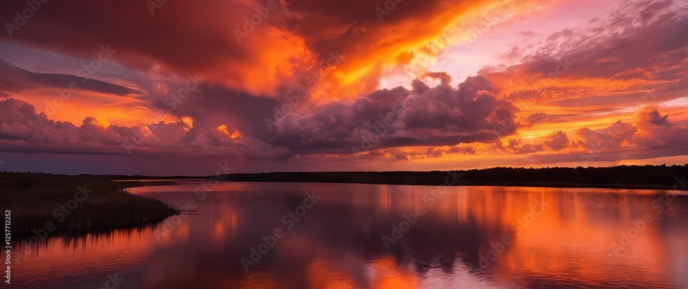 Fototapeta premium Dramatic clouds reflecting hues of orange and pink at sunset creating a breathtaking backdrop of natures ever shifting beauty