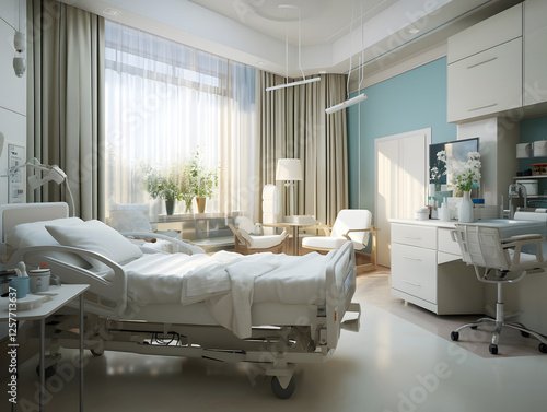 A bed for a patient in a hospital with assistance service. Above-standard care.