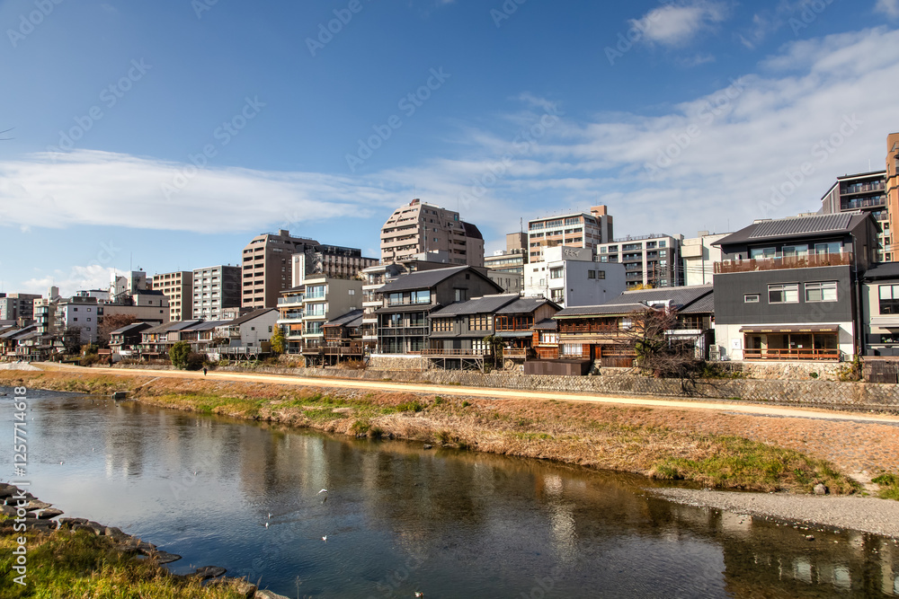 Japanese houses in Kamo River located in Kyoto Prefecture, Japan Japanese houses in Kamo River located in Kyoto Prefecture, Japan