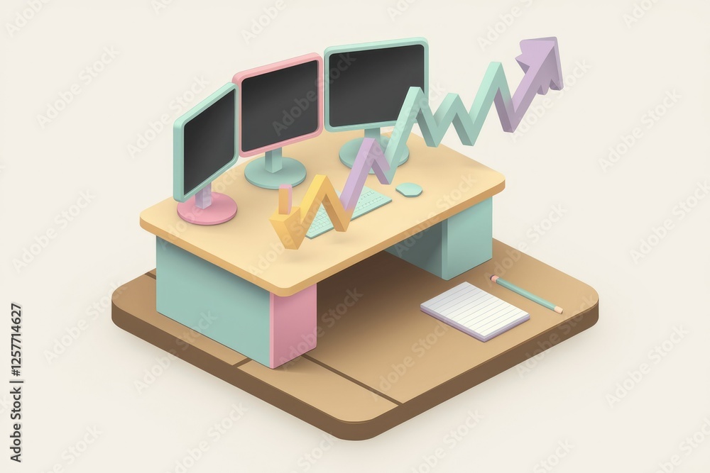 Isometric illustration of a desk with triple monitors, keyboard, and upward and downward trending graphs, suggesting market fluctuations. Isometric illustration of a desk with triple monitors, keyboard, and upward and downward trending graphs, suggesting market fluctuations.