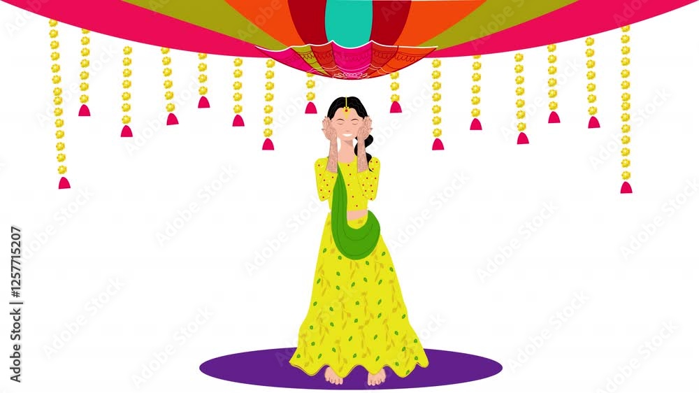 Show a wedding mehendi (henna) concept with flat animation. Characters ...