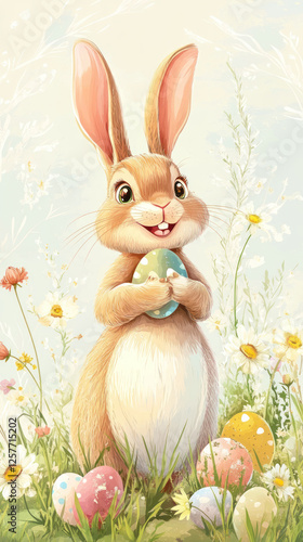 Easter bunny on a spring meadow with flowers with painted eggs. Egg hunt. Vertical orientation.