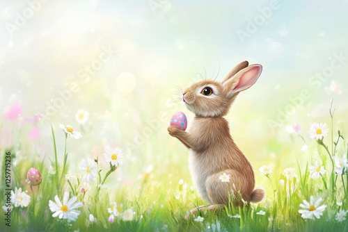 Easter bunny holding a painted egg in a meadow with flowers, Easter eggs around. Egg hunt.