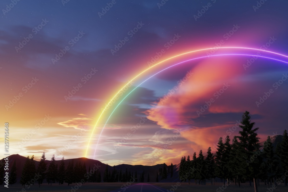Naklejka premium Neon rainbow arching over a scenic sunset landscape with silhouetted mountains and trees.