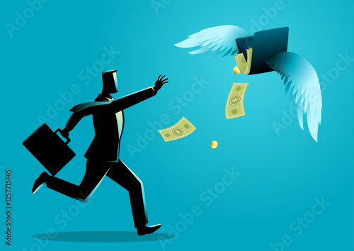 Businessman reaching for a wallet that flies away. Symbolizing financial difficulties, rising expenses, economic crisis, inflation, personal finance struggles, or missed opportunities