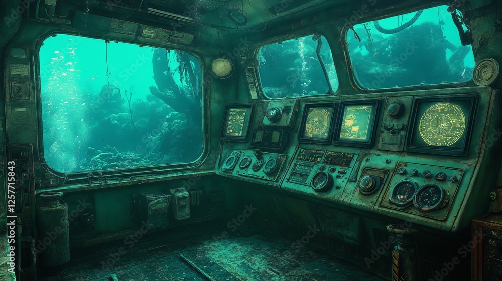 Obraz premium A digital artwork in a futuristic style presents a broad-spectrum view of an underwater laboratory, envisioned as a center for marine science research
