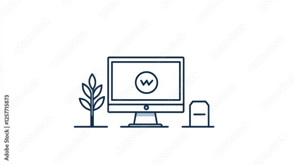workspace with computer, plant, and container workspace with computer, plant, and container