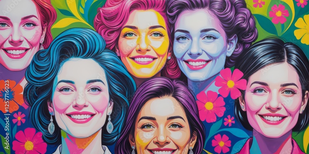 Obraz premium Vibrant pop art illustration of a smiling woman’s face, celebrating confidence, empowerment, and diversity. Perfect for International Women’s Day, feminist campaigns, and modern artistic designs.