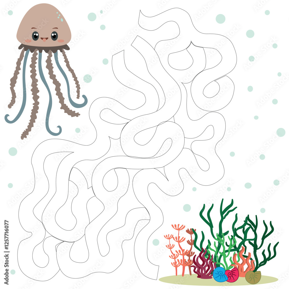 Obraz premium Shells and algae to which you need to find a way. A vector picture with a maze. A children's puzzle game with sea creatures. 