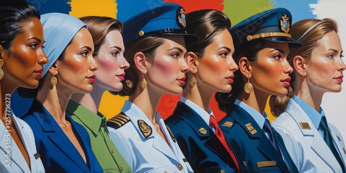 Expressive oil painting of diverse professional women standing together with confidence and joy, celebrating empowerment, unity, and success for International Women’s Day, 8 March.
