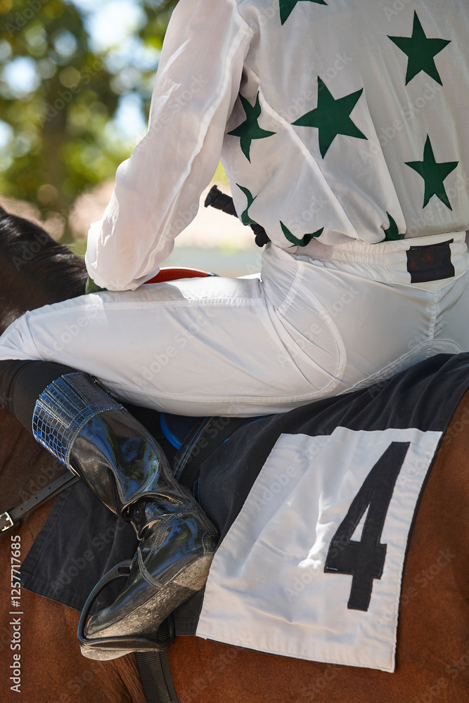 Race horse and jockey detail Purebred in the hippodrome. Turf