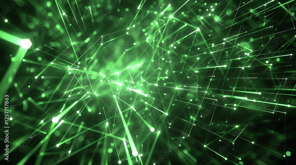 Obraz premium 3D rendering of a glowing green network of interconnected nodes and lines.