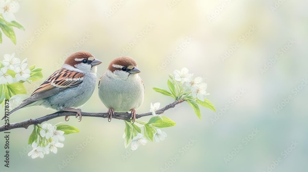 Hello Spring banner with copy space. Two beautiful sparrows perched on a branch blooming, bathed in warm sunlight, symbolizing love, harmony, and the beauty of nature. Hello Spring banner with copy space. Two beautiful sparrows perched on a branch blooming, bathed in warm sunlight, symbolizing love, harmony, and the beauty of nature.