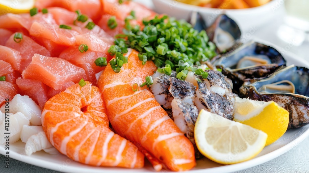 Fresh seafood platter with various kinds of fish, shellfish, and lemon, ready to eat Fresh seafood platter with various kinds of fish, shellfish, and lemon, ready to eat