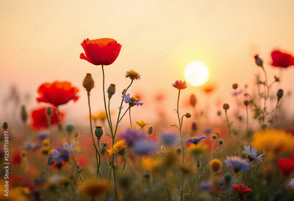 Fototapeta premium Radiant Meadow: Wildflowers bask in the warm glow of sunrise, a tapestry of color