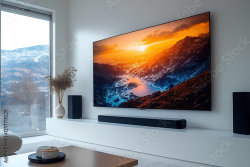 tv connected with sound bar in farmhouse. Home entertainment system mockup. Tech, visual, audio entertainment. Stylish interior design, 300dpi, 3d