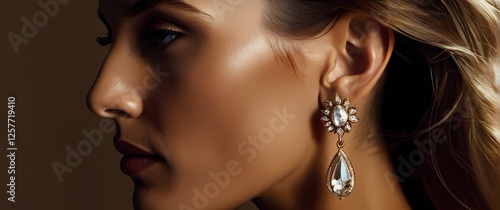 Closeup of an ear adorned with a unique artistic earring the skin texture and jewelry details capturing a blend of elegance and style photo