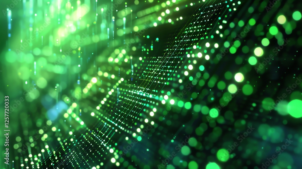 Abstract background of glowing green particles. Futuristic technology or science concept. Big data visualization. 3D rendering. Abstract background of glowing green particles. Futuristic technology or science concept. Big data visualization. 3D rendering.