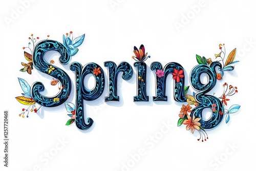 Close-up of the Word 'Spring' Made from Intricate Floral Designs with Colorful Flowers and Leaves on a White Background, Ideal for Posters, Wallpaper, and Seasonal Copy Space photo