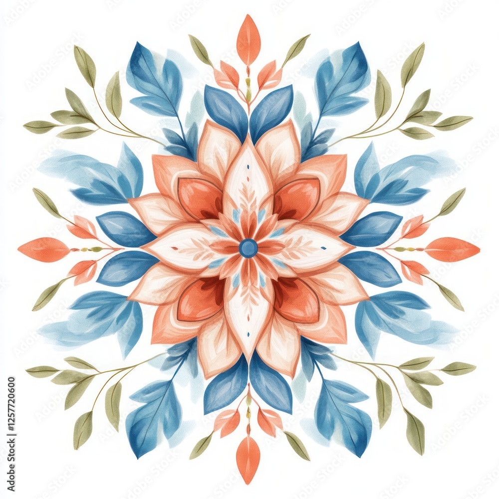 Fototapeta premium Elegant Floral Mandala Design with Soft Color Palette of Blue, Coral, and Green Tones