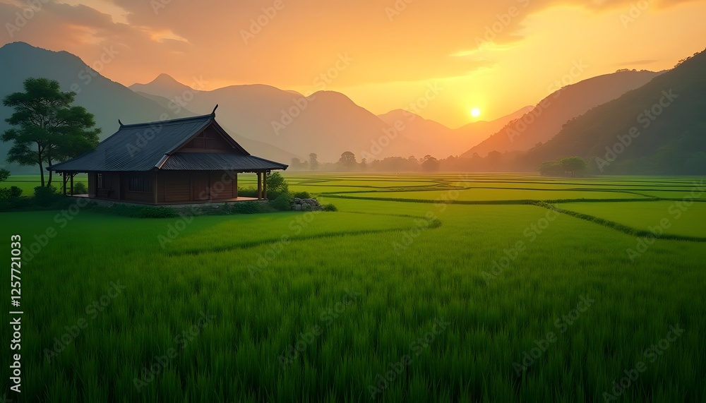 Traditional Asian House in Rice Field at Sunset with Mountain Backdrop Traditional Asian House in Rice Field at Sunset with Mountain Backdrop