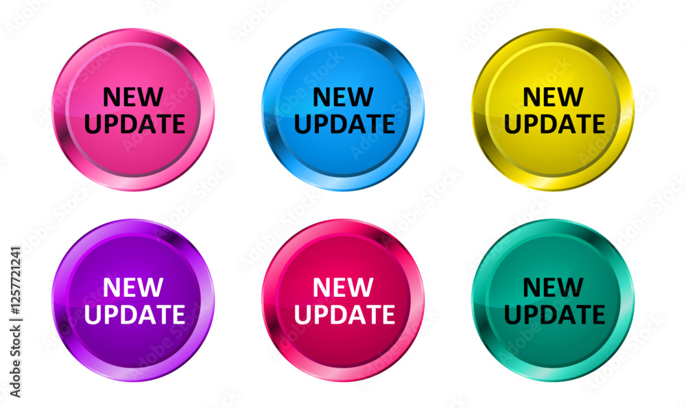 set of vector objects new update sticker in the form of a button in different colors set of vector objects new update sticker in the form of a button in different colors