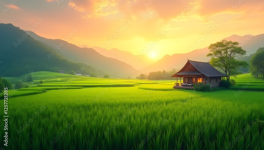 Fototapeta premium Tranquil Rice Field Landscape with Cabin at Sunset in Rural Setting